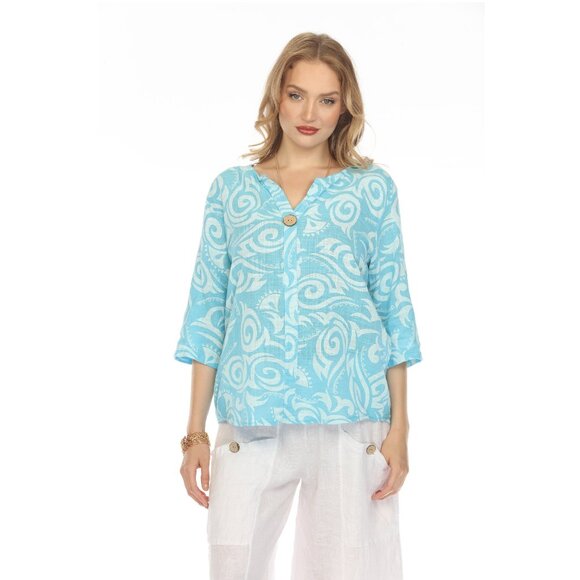 Ocean Blue Spiral Print V-Neck Button Detail Top - Picture 1 of 11